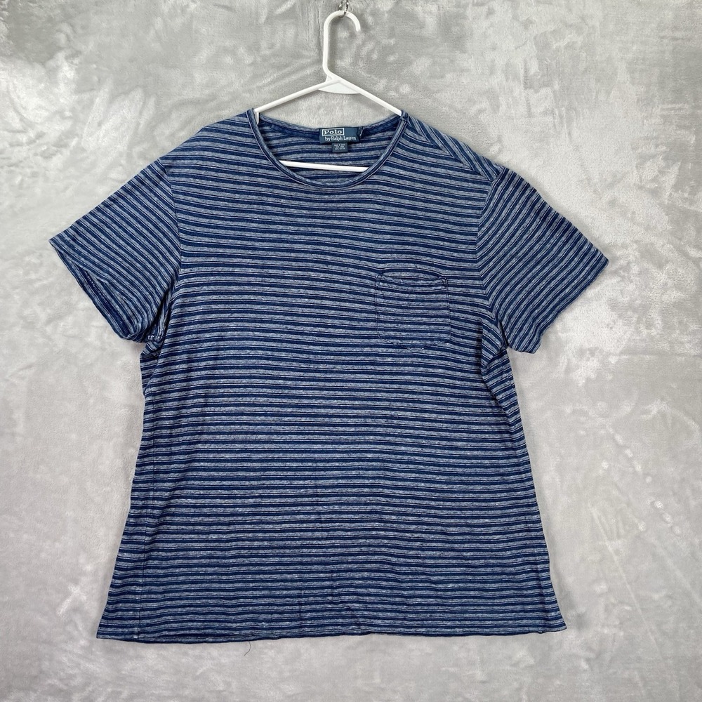 Polo Ralph Lauren T-Shirt Mens XL Crew Neck Pocket Tee Linen Cotton Striped Blue